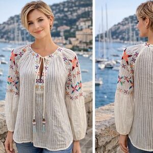Belle Vere Embroidered Peasant Blouse – Lightweight Cotton Tunic